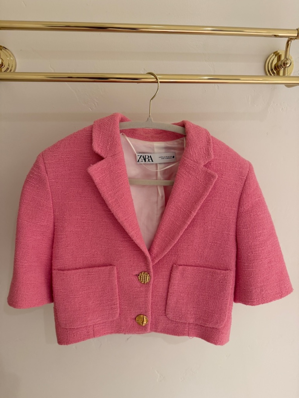 Zara Pink Tweed Short Sleeve Blazer with Gold Buttons XS